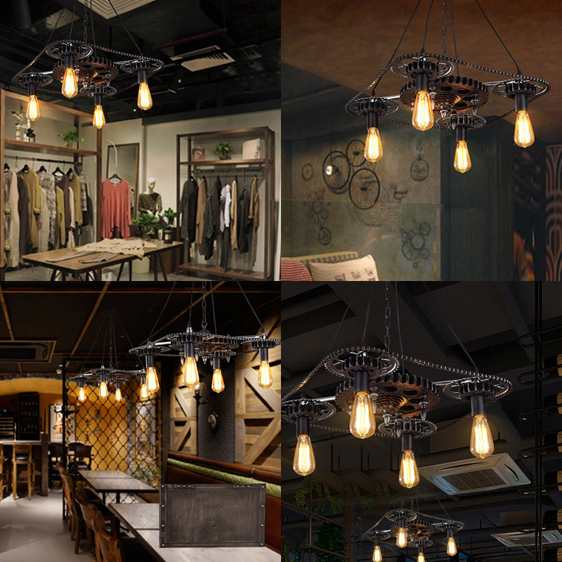 Black Finish Industrial Style Ceiling Fixture With Metallic Bare Bulb Pendant Light - 4 Heads And
