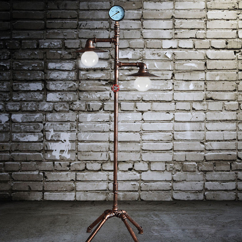 Antique Style Wrought Iron Floor Lamp With Flat Bronze Shade - 2 Lights Perfect For Living Room