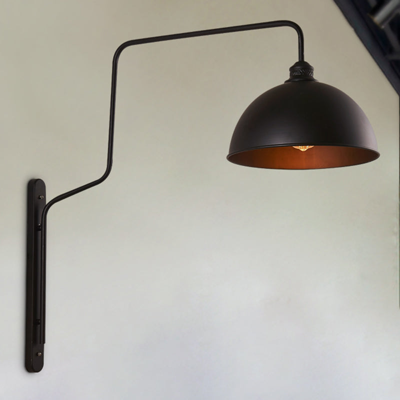 Vintage Black Metal Sconce Wall Light With Curved Arm For Restaurants - 1 Head Bowl Shape