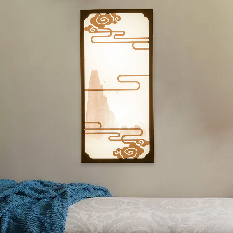 Cloud Pattern Asian Fabric Wall Lamp For Bedroom With 2 Lights And Box Mural Design