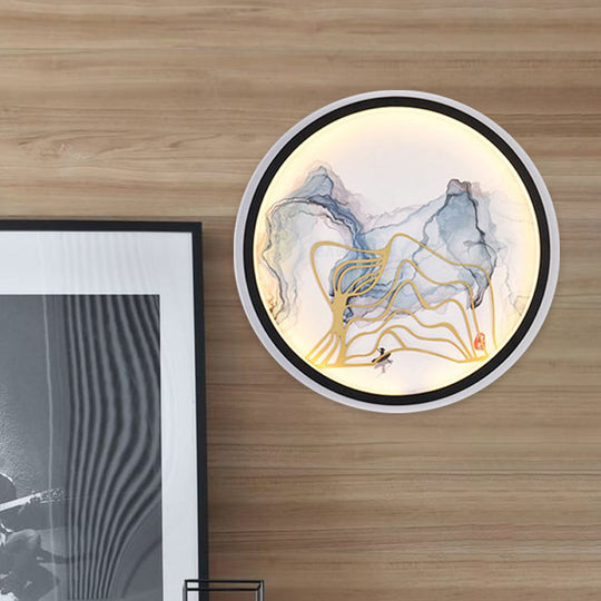 Chinese Style Watercolour Mountain/Fish Led Wall Mount In White For Bedroom Décor