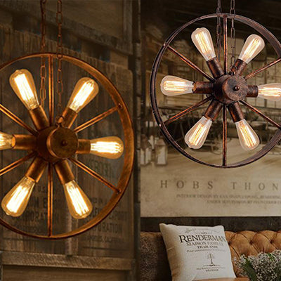 Wrought Iron Wheel Shaped Pendant Light With Antique Style - 6 Lights Rustic Kitchen Chandelier