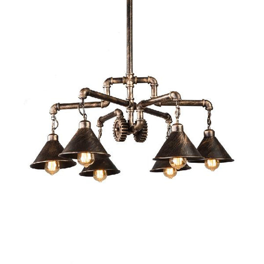 Bronze Conical Metal Chandelier - Farmhouse 6-Bulb Pendant Light for Dining Room Ceiling with Pipe and Gear Design