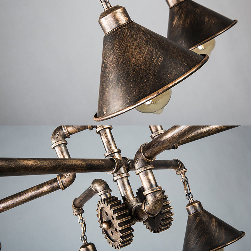 Bronze Conical Metal Chandelier - Farmhouse 6-Bulb Pendant Light for Dining Room Ceiling with Pipe and Gear Design