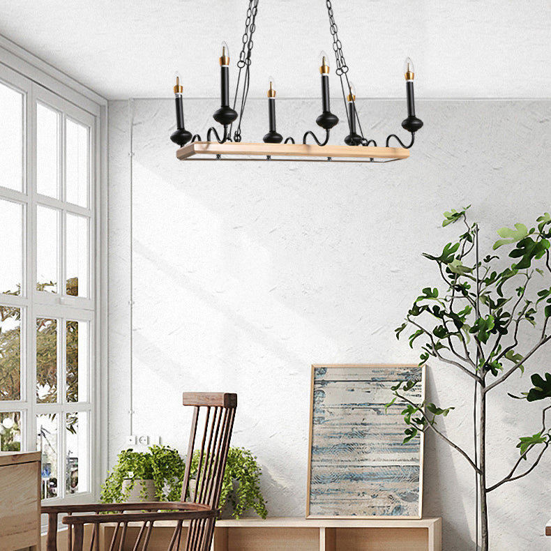 Industrial Metal 6-Bulb Indoor Island Pendant Light With Wooden Canopy - Black Finish