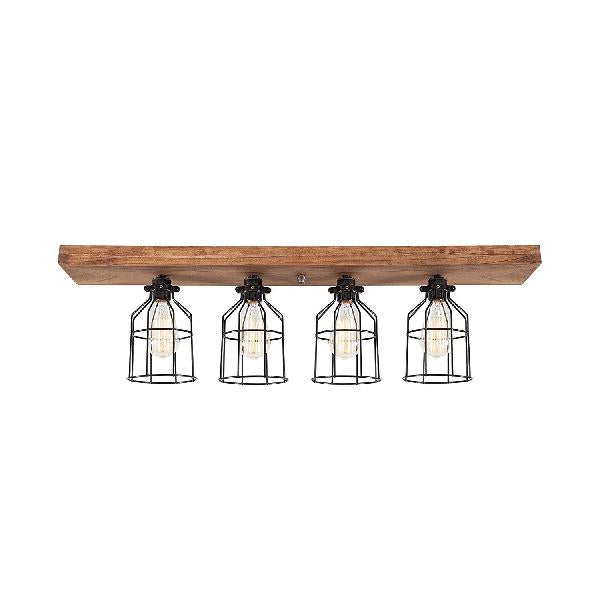 Industrial Black Iron Semi Flush Ceiling Light Fixture With Wire Cage And Wooden Canopy - 4 Bulbs