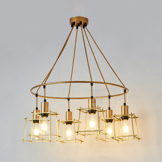 Retro Gold Ring Chandelier with Square Cage Shade - Stylish 6-Bulb Iron Hanging Light