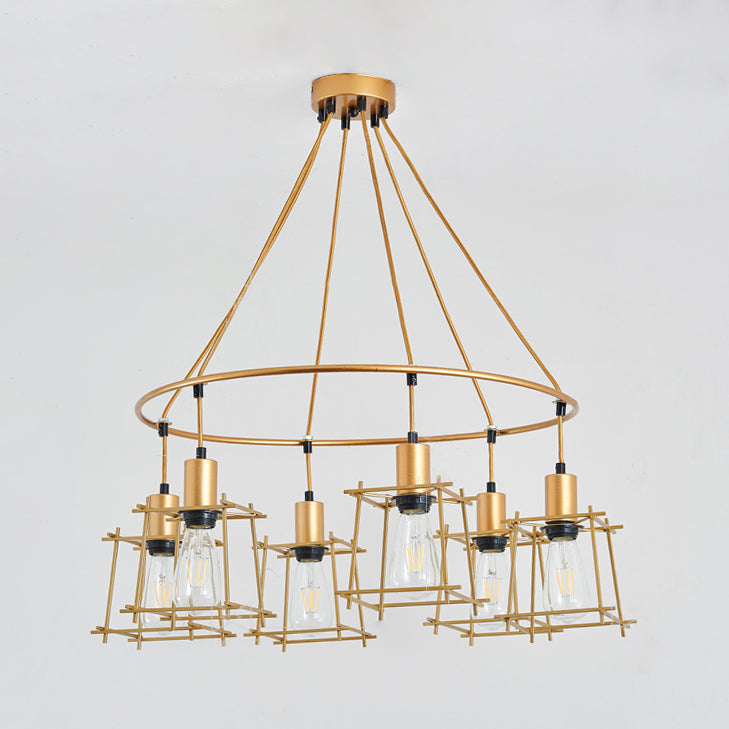 Retro Gold Ring Chandelier with Square Cage Shade - Stylish 6-Bulb Iron Hanging Light
