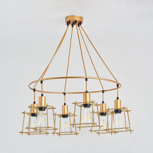 Retro Stylish Gold Cage Ring Chandelier: 6 Bulb Iron Hanging Light
