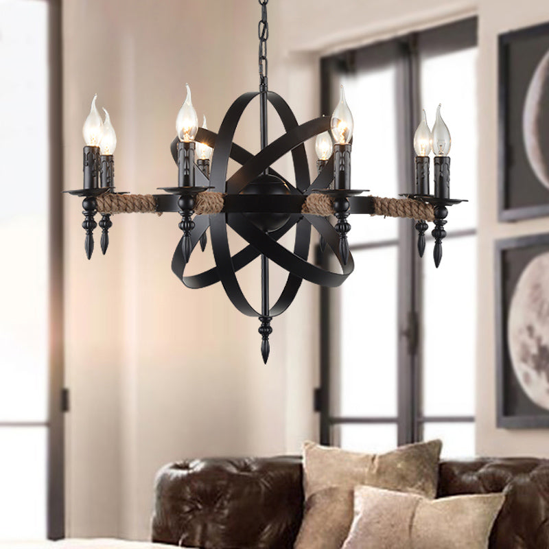 Antique-style Black Metal Chandelier Lamp: Orbit Cage Design with 8 Candle Lights for Living Room Pendant Lighting
