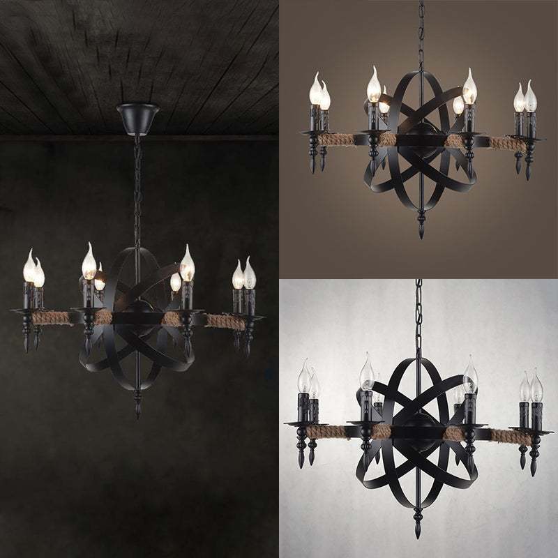 Antique Style Metal Chandelier - 8-Light Orbit Cage Pendant Lamp Black Finish For Living Room