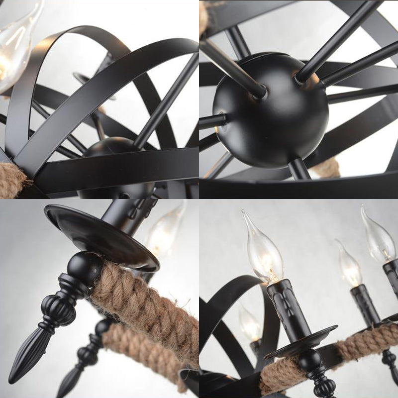 Antique Style Metal Chandelier - 8-Light Orbit Cage Pendant Lamp Black Finish For Living Room