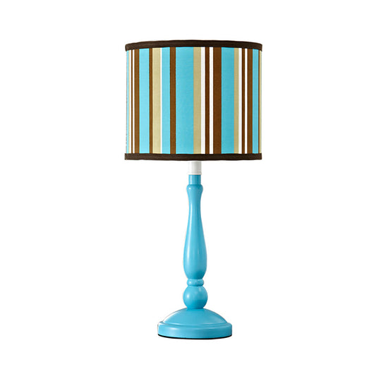 Modern Blue Nightstand Lamp With Fabric Drum Shade - 1 Bulb Bedroom Night Table Light