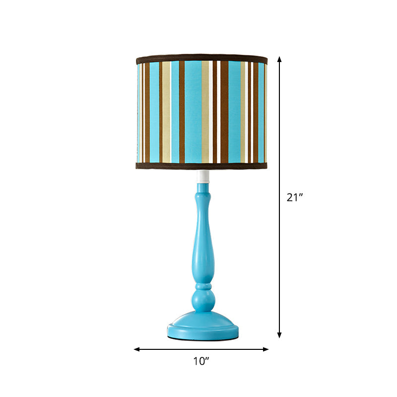 Modern Blue Nightstand Lamp With Fabric Drum Shade - 1 Bulb Bedroom Night Table Light
