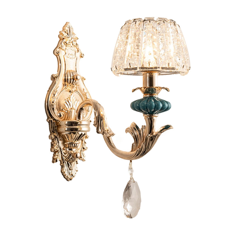 Small Gold Drum Wall Mount Traditional Seedy Crystal Bedroom Lamp Fixture