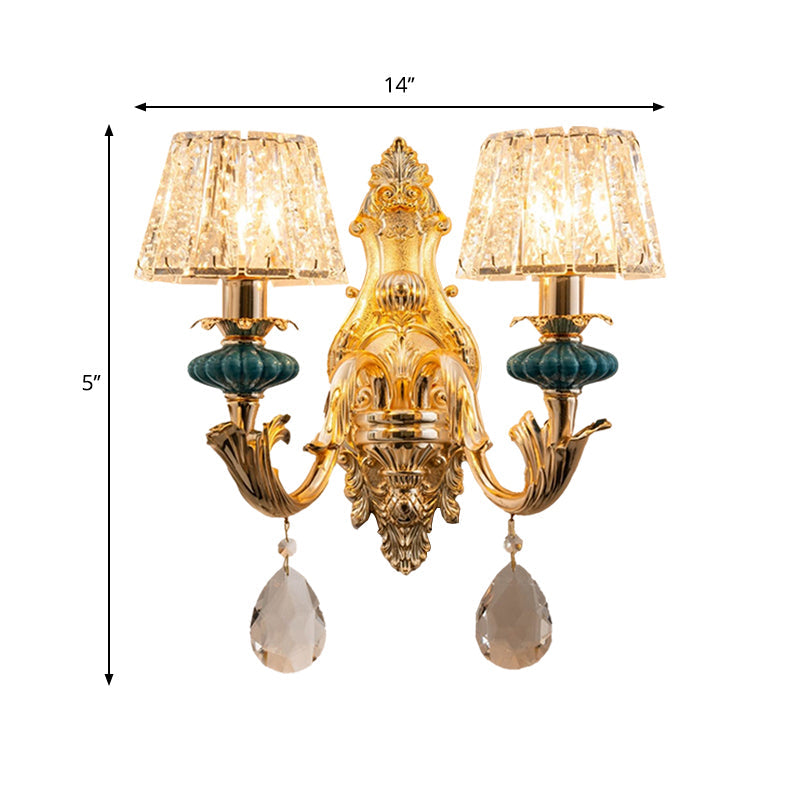 Small Gold Drum Wall Mount Traditional Seedy Crystal Bedroom Lamp Fixture