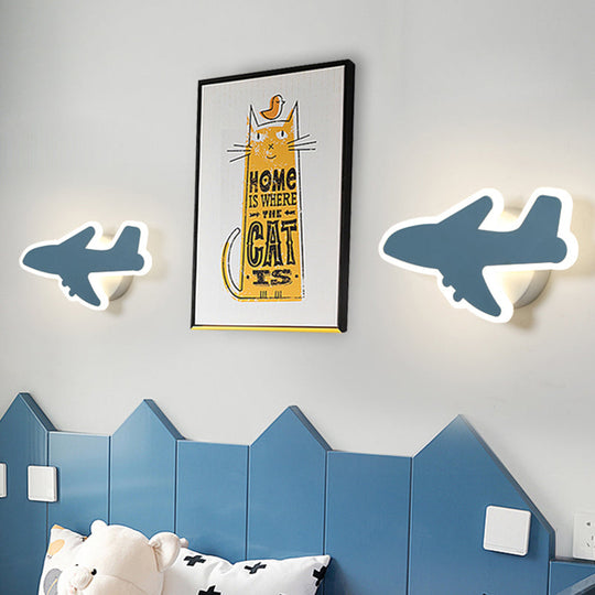 Cartoon Led Wall Sconce - Jet Kids Bedroom Flush Mount Lighting In White/Blue
