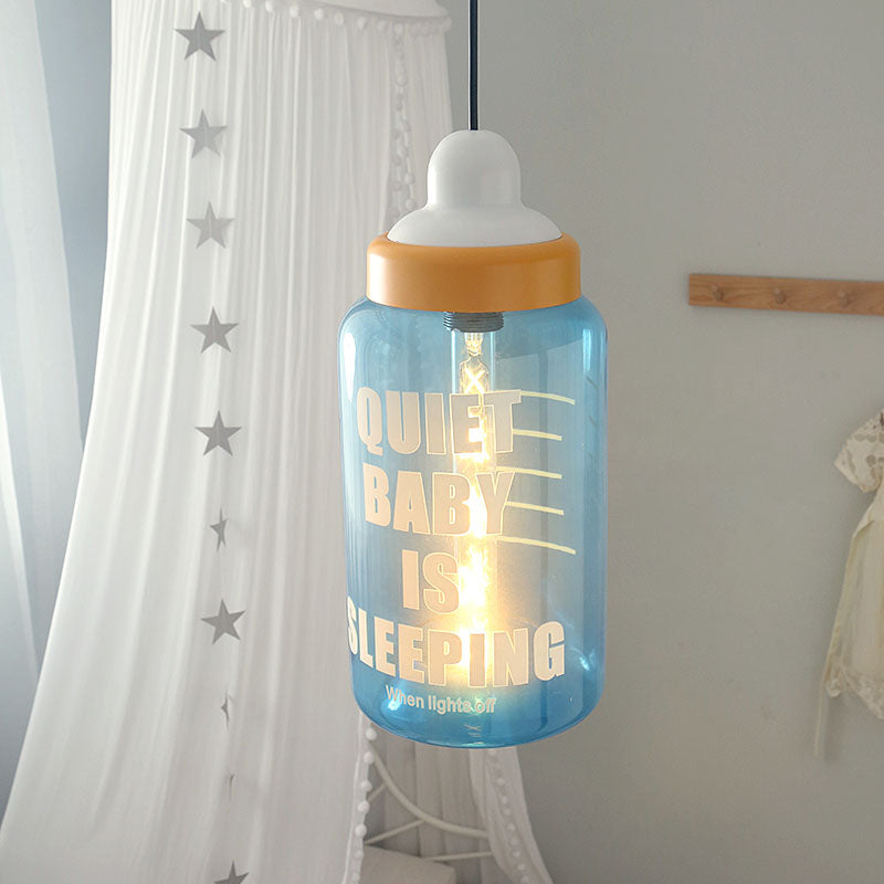 Blue Glass Kids Style Milk Bottle Pendant - 1-Head Baby Room Hanging Ceiling Light