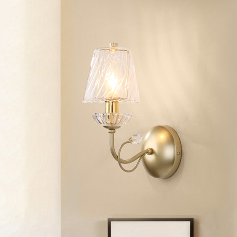 Gold Conical Sconce With Clear Twisted Glass Shade - Minimalist Single Bulb Wall Light