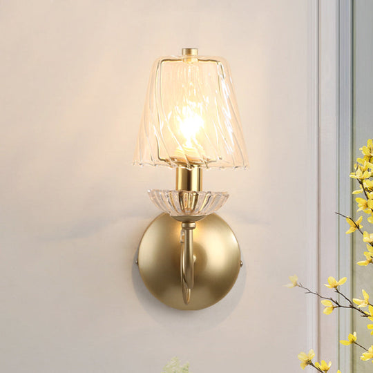 Gold Conical Sconce With Clear Twisted Glass Shade - Minimalist Single Bulb Wall Light