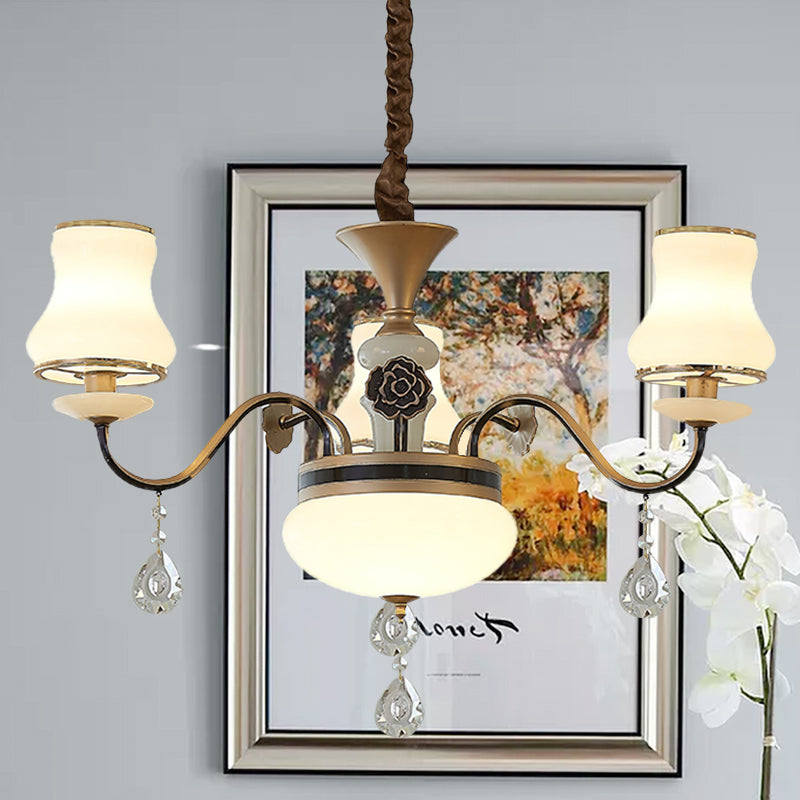 Retro Gold Curved Milk Glass Drop Lamp - 3-Light Ceiling Chandelier For Restaurants