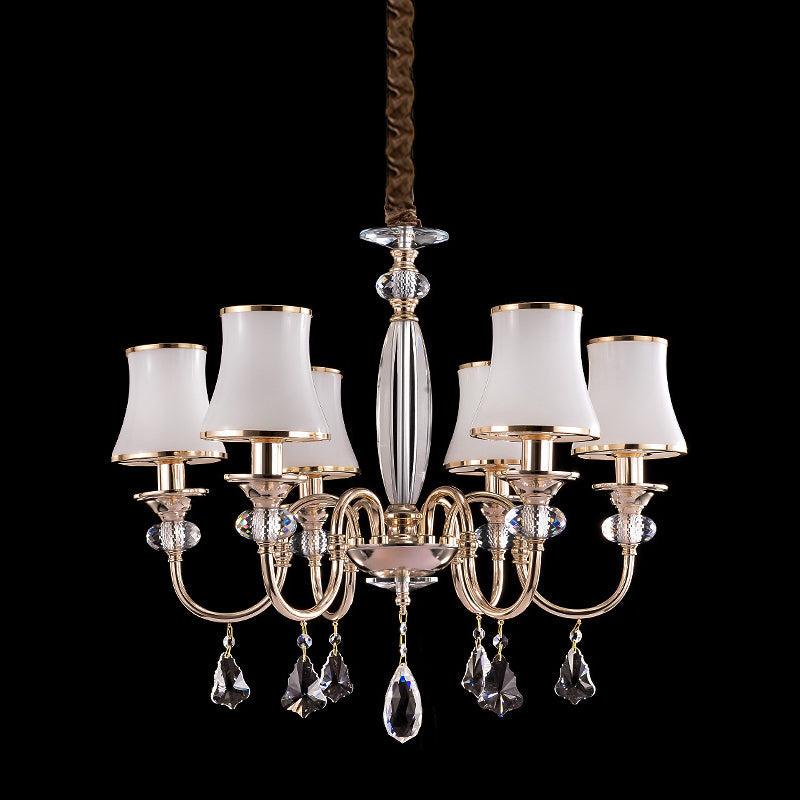 Flared Shade Chandelier - Opaline Glass Hanging Lamp Gold Finish With Crystal Drop 6 Bulbs
