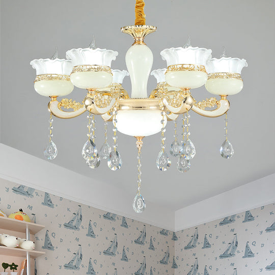 Modern Gold Chandelier With White Glass Shade For Bedroom Ceiling - 6 Head Pendant Ruffle-Edge Jar