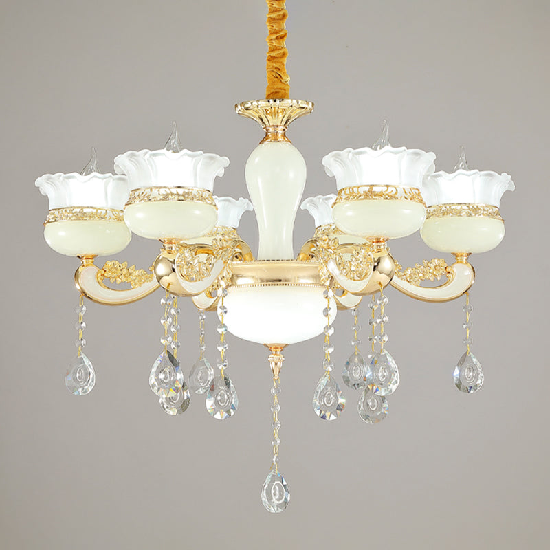 Modern Gold Chandelier with White Glass Shade - 6 Heads Ruffle-Edge Pendant for Bedroom Ceiling Lighting