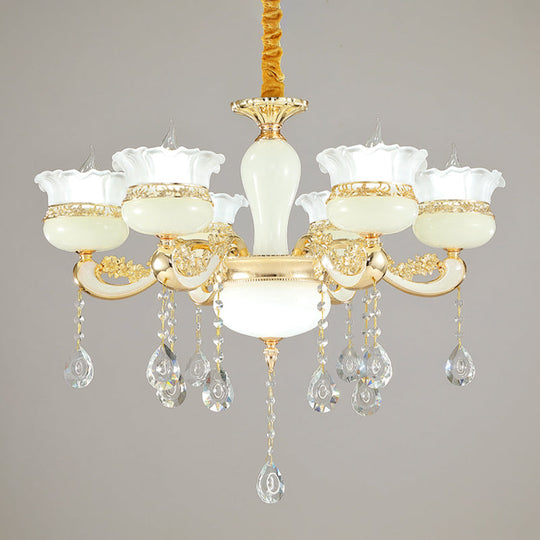 Modern Gold Chandelier With White Glass Shade For Bedroom Ceiling - 6 Head Pendant Ruffle-Edge Jar
