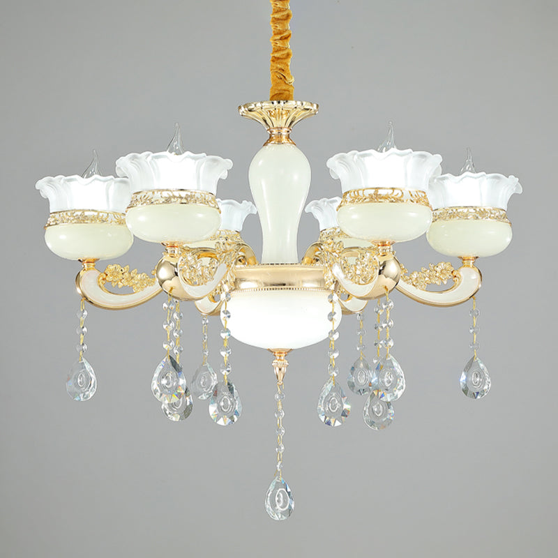 Modern Gold Chandelier with White Glass Shade - 6 Heads Ruffle-Edge Pendant for Bedroom Ceiling Lighting