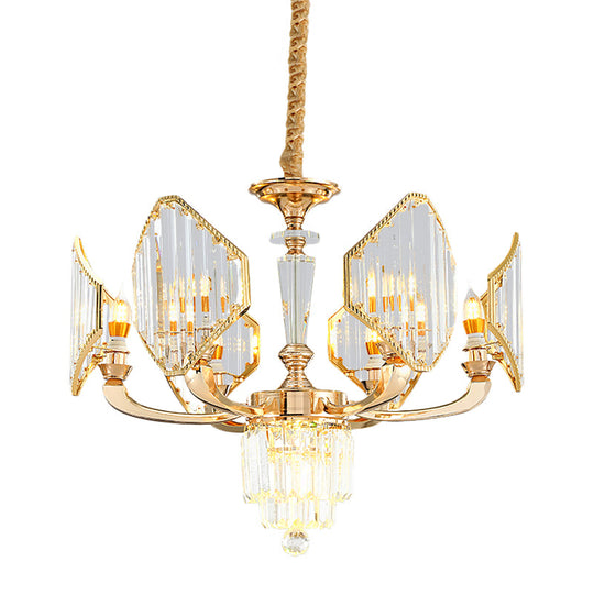 Gold Crystal Ceiling Chandelier - 6-Bulb Rhombus Paneled Pendant Light in Postmodern Style