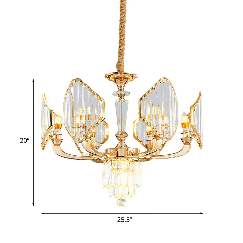 Gold Crystal Ceiling Chandelier - 6-Bulb Rhombus Paneled Pendant Light in Postmodern Style