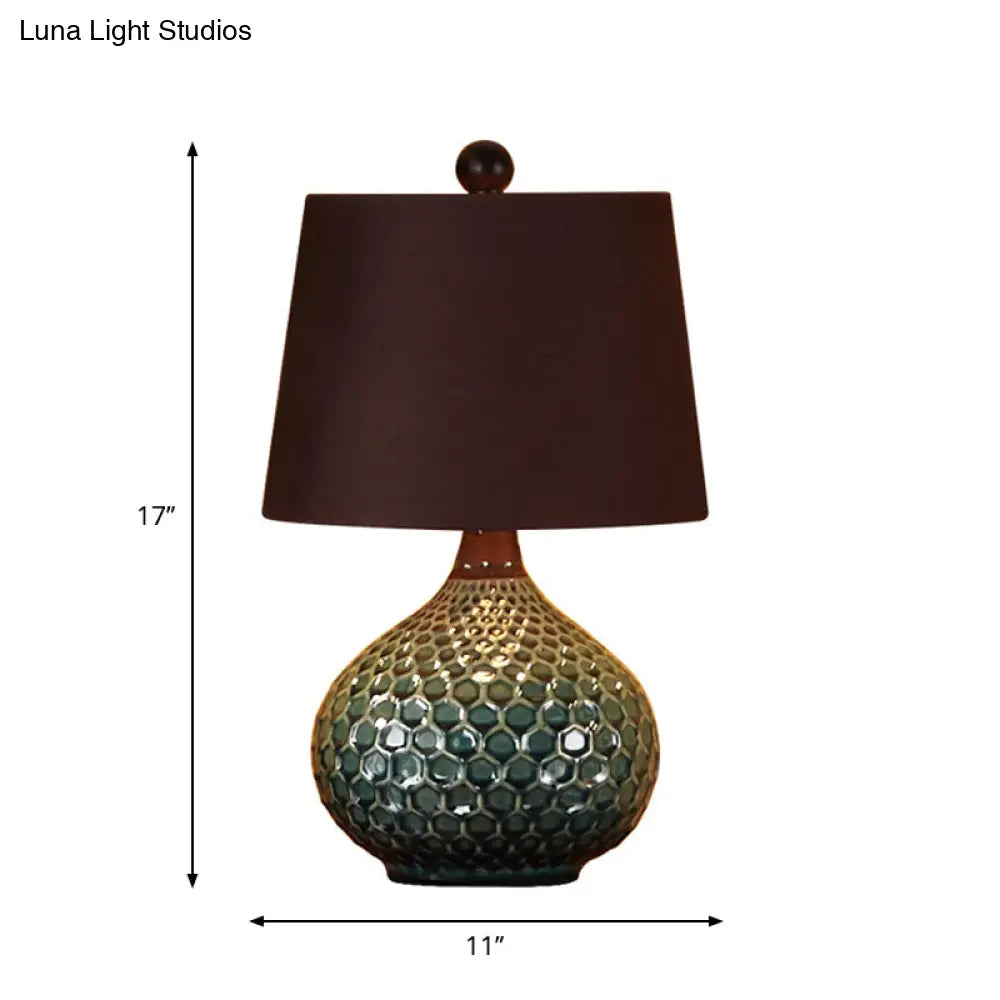 11/14 Coffee 1-Light Desk Lamp With Antiqued Style Fabric Drum Shade For Nightstand