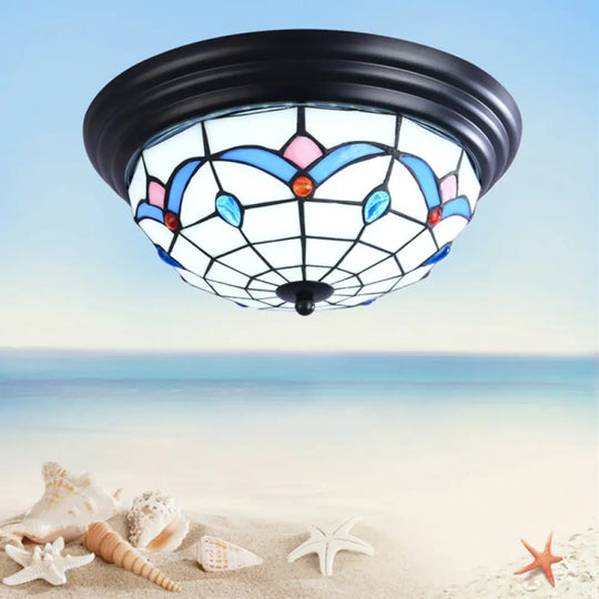 11’/15’ Tiffany Cut Glass Flush Ceiling Light - 3-Light Mount Fixture In White Ideal For
