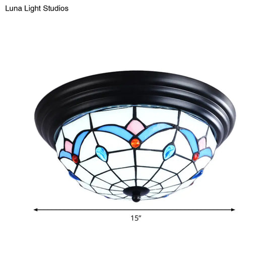 11’/15’ Tiffany Cut Glass Flush Ceiling Light - 3-Light Mount Fixture In White Ideal For Corridors