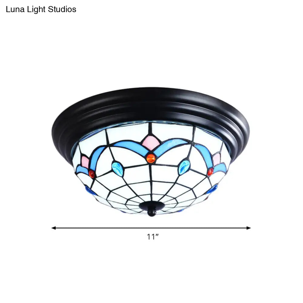 11’/15’ Tiffany Cut Glass Flush Ceiling Light - 3-Light Mount Fixture In White Ideal For Corridors