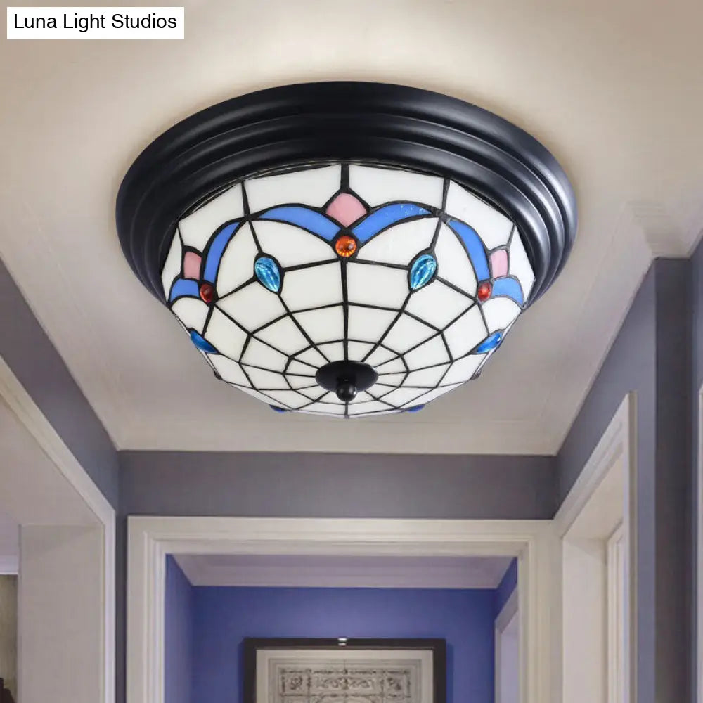 11/15 Tiffany Cut Glass Flush Ceiling Light - 3-Light Mount Fixture In White Ideal For Corridors