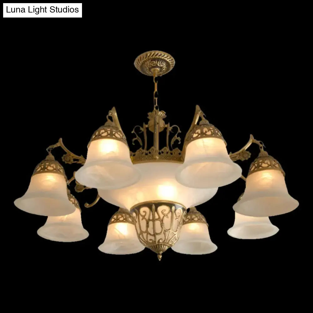 Retro Chandelier With 11 Bulbs And Alabaster Bell Glass Shade - Bronze Finish