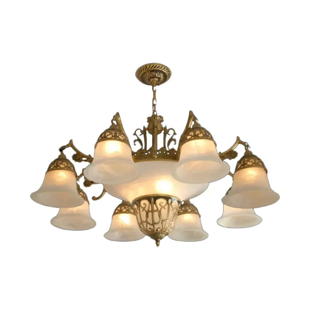 11 Bulbs Down Chandelier Retro Living Room Hanging Light Kit With Bell Alabaster Glass Shade In