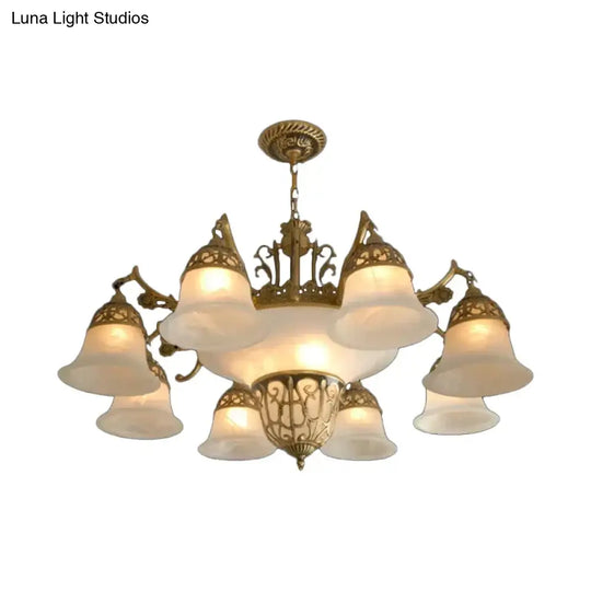 Retro Chandelier With 11 Bulbs And Alabaster Bell Glass Shade - Bronze Finish