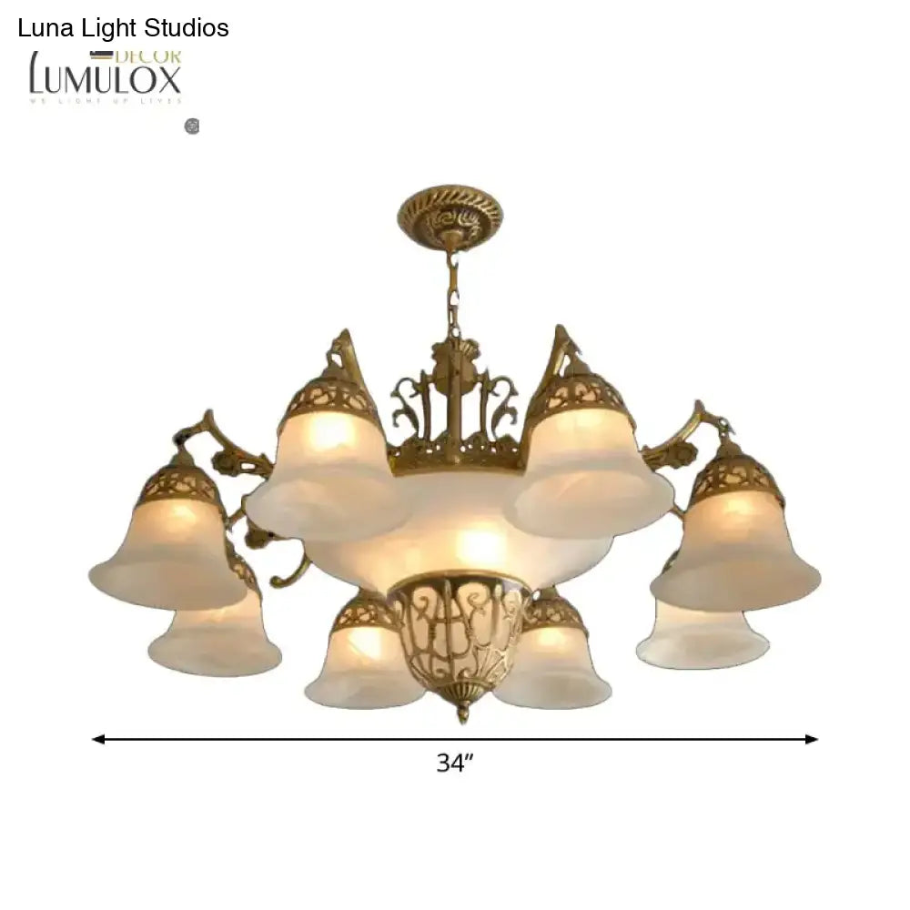 11 Bulbs Down Chandelier Retro Living Room Hanging Light Kit With Bell Alabaster Glass Shade In