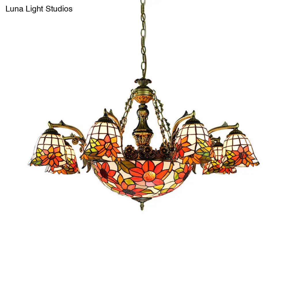 Antique Bronze Hanging Light Tiffany Chandelier With Stained Glass And Iconic Patterns - 11 Lights