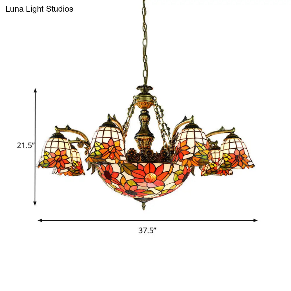 Antique Bronze Hanging Light Tiffany Chandelier With Stained Glass And Iconic Patterns - 11 Lights