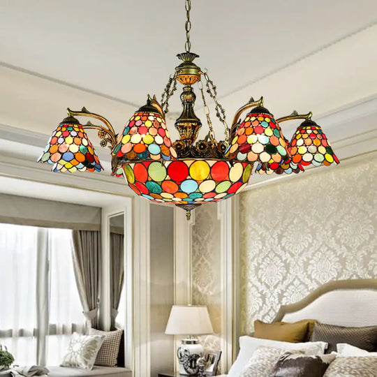 11-Light Stained Glass Tiffany Chandelier With Antique Bronze Finish And Unique Patterns / Geometric