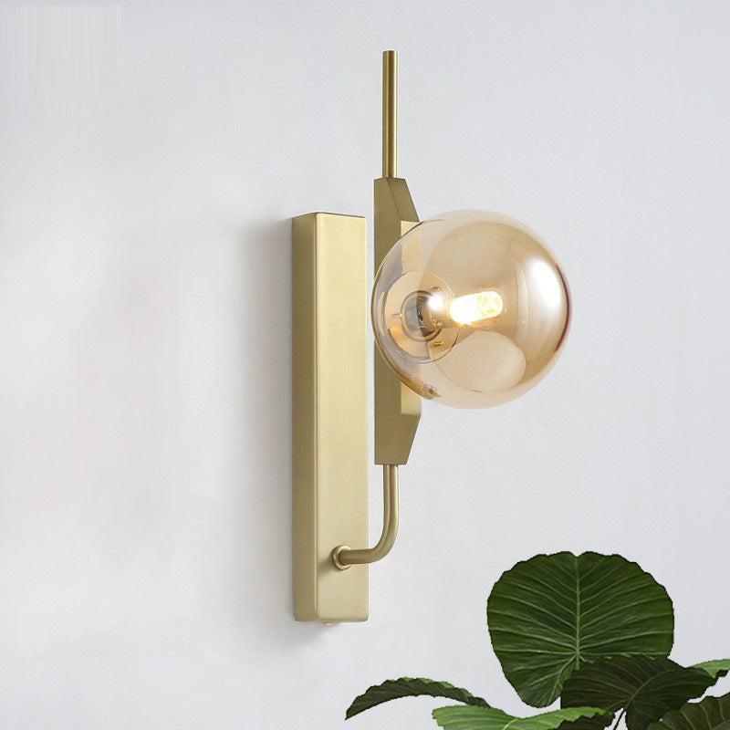 Gold Wall Sconce With White/Amber/Smoke Gray Glass Orb - Modern Bedroom Light Fixture Amber