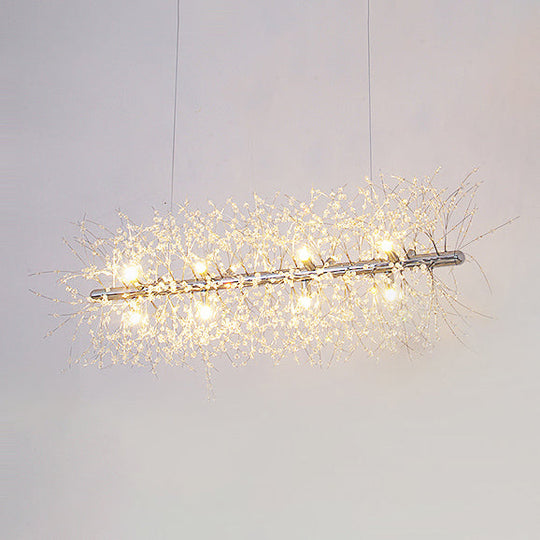 Modernist Metallic Branch Island Pendant Light | Silver Hanging Lamp With Crystal Bead Deco