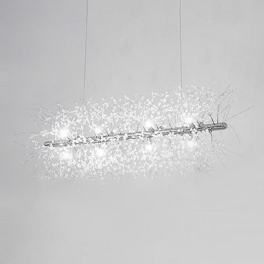 Modernist Metallic Branch Island Pendant Light | Silver Hanging Lamp With Crystal Bead Deco