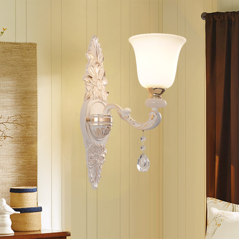 Traditional Indoor Wall Lamp Fixture With Up Bell Shade White Glass - 1 Bulb Lighting