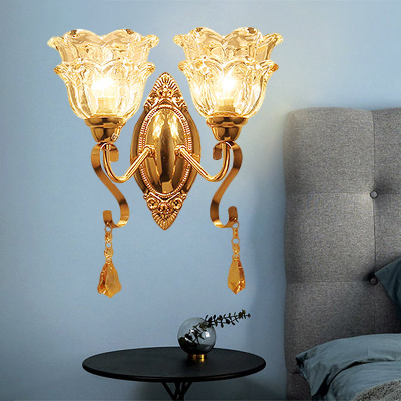 Traditional Wall Sconce Lamp Fixture: Gold 2-Light Clear Crystal Glass Flower Shade Lighting