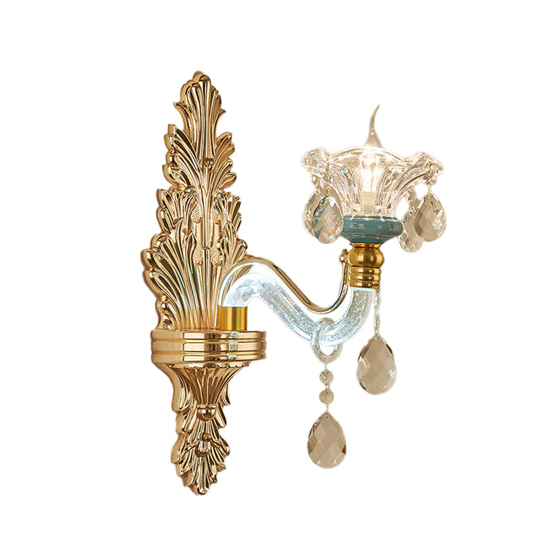 Traditional Gold Floral Wall Sconce With Clear Glass Fixture For Living Room